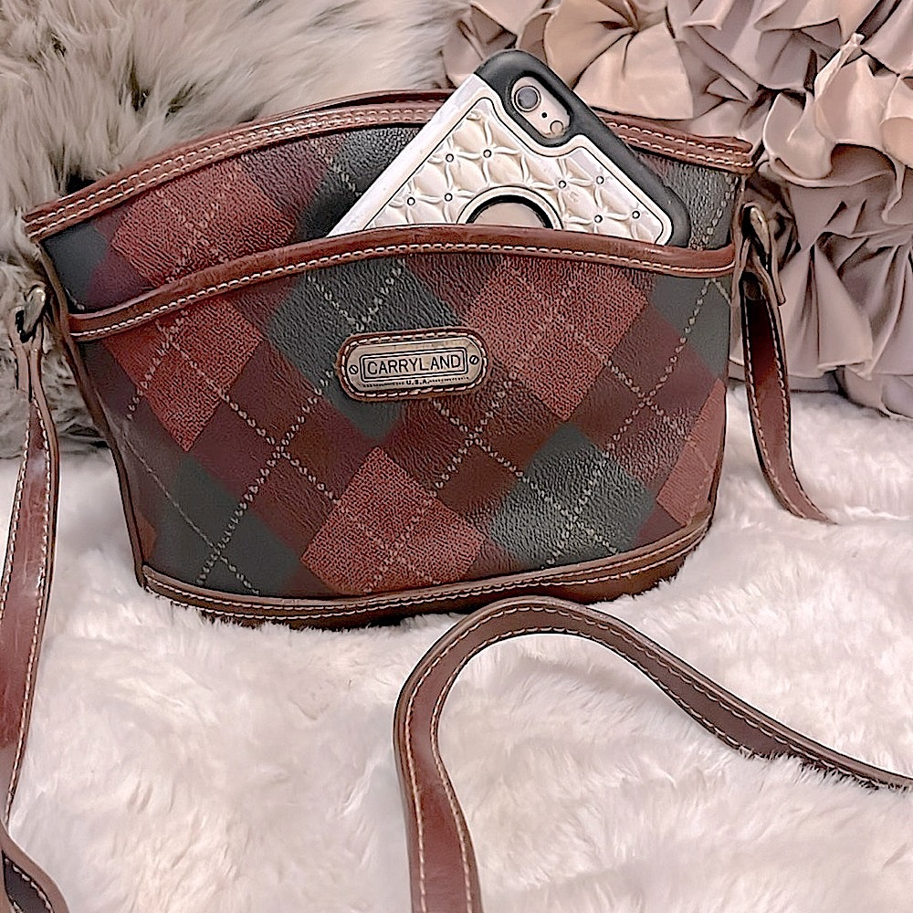 Carryland Unique Vintage Leather Argyle Print Small Crossbody Bag Purse